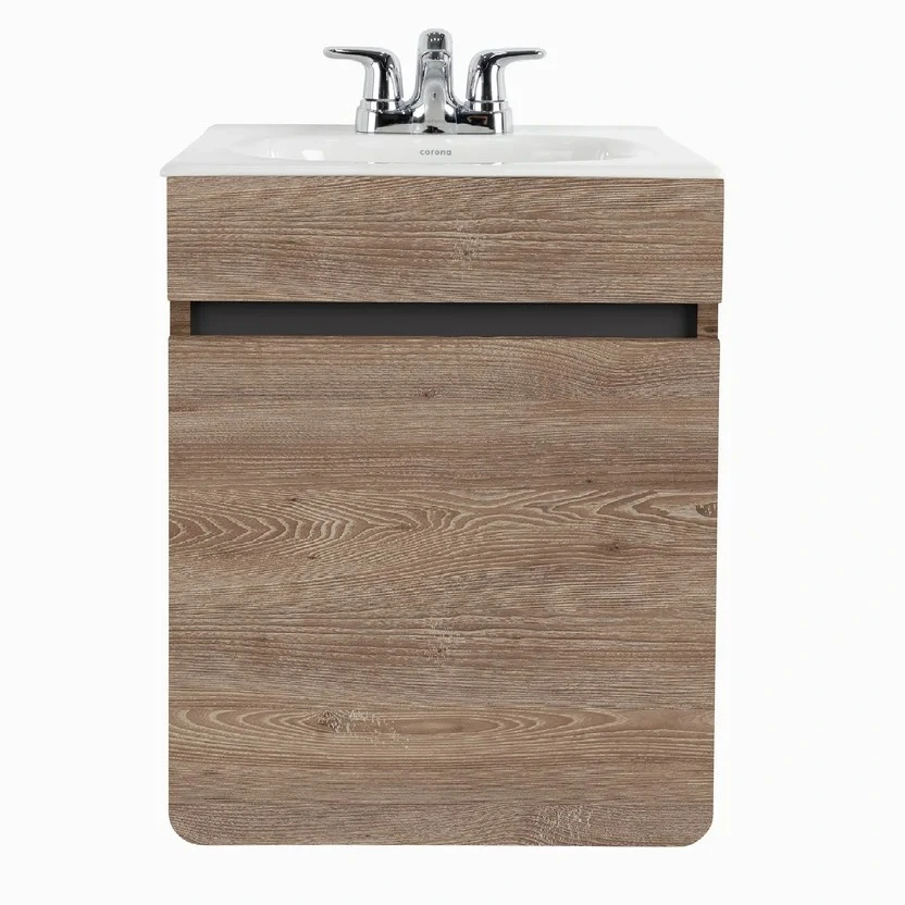 Combo Renueva: Sanitario Ecoclean Alongado Blanco De 2 Piezas + Mueble Aluvia Miel Elevado 45 Cm Con Lavamanos + Grifería Aluvia 4 Pulgadas Corona